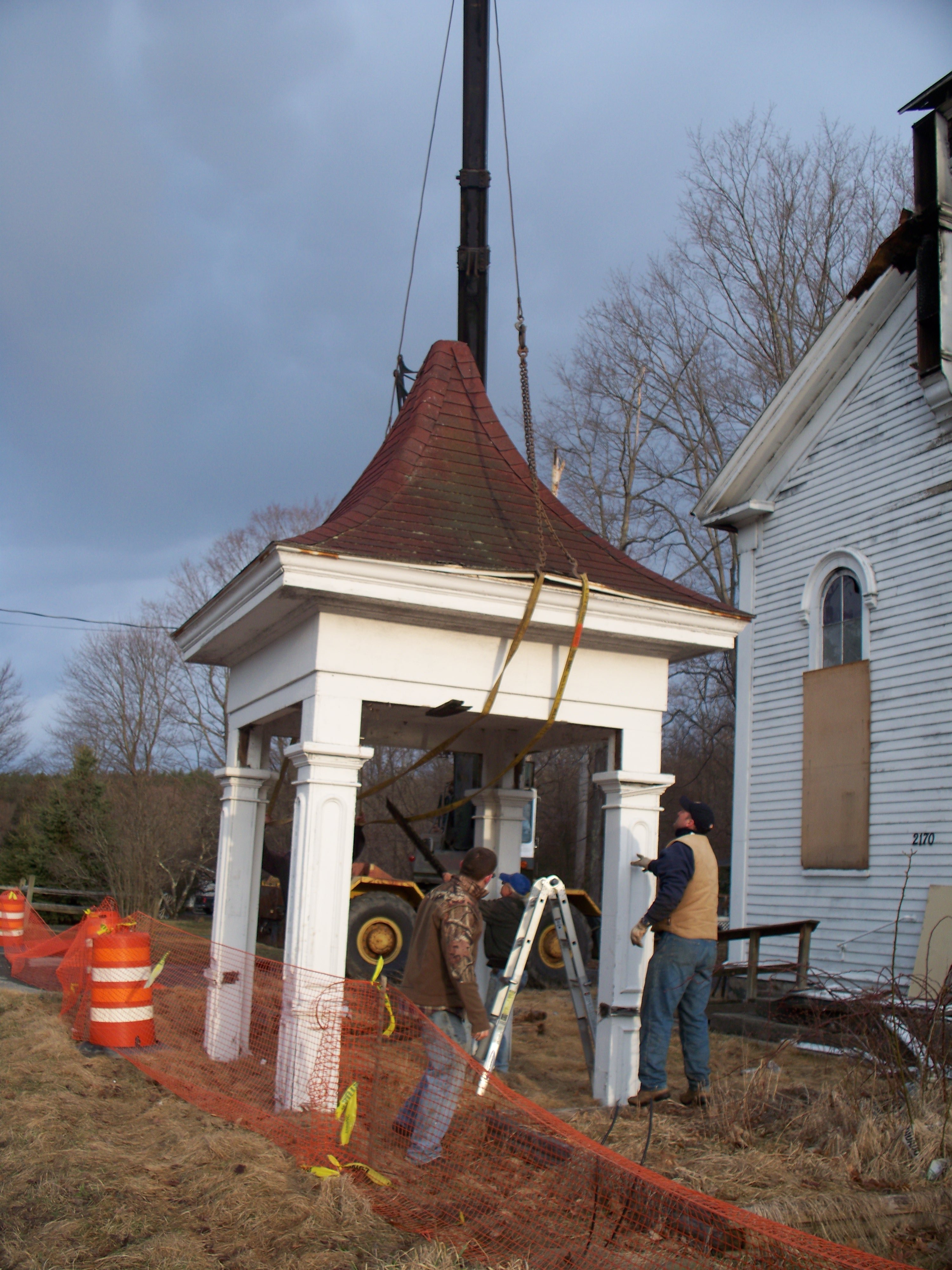 Bell Tower being lowered from atop the old Methodist Church